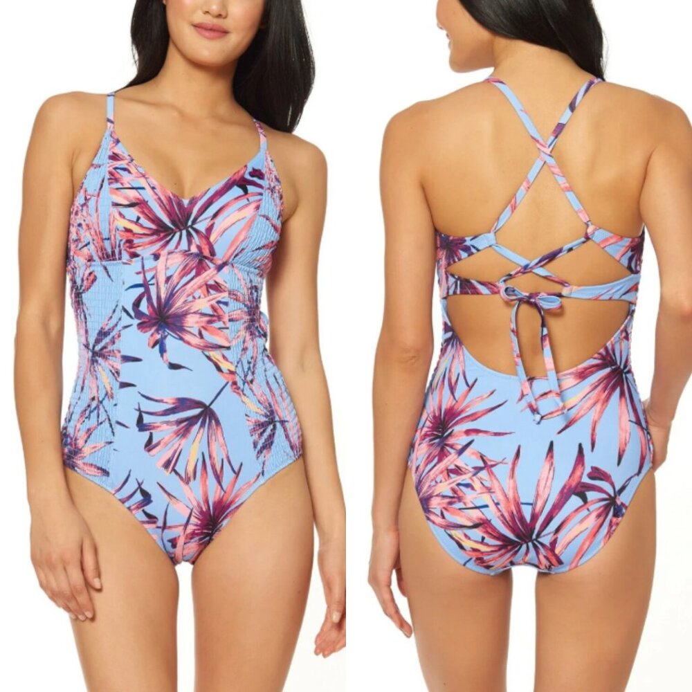 Jessica Simpson Palmy Days Printed Smocked-Sides One-Piece Swimsuit Size L
